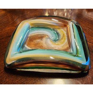 Vintage Collectible Brown Green White  Swirl Art Blown Glass Ashtray Bowl